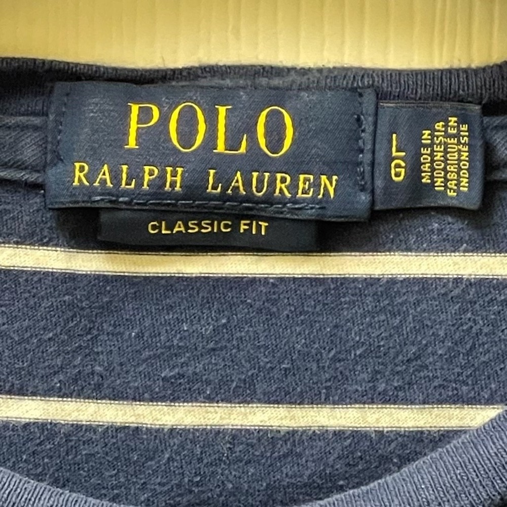 Polo Ralph Lauren Men's LG Navy/ White Striped White Pocket T-Shirt Pony Preppy - Picture 3 of 11